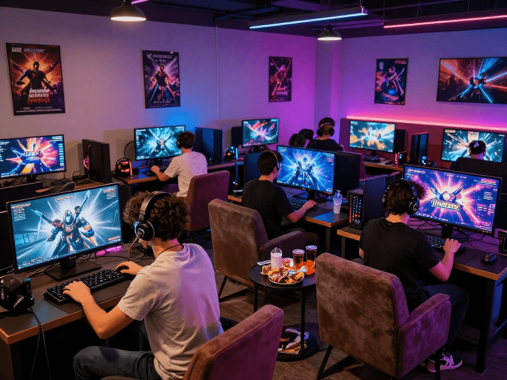 Players enjoying immersive porn games in a vibrant gaming lounge.