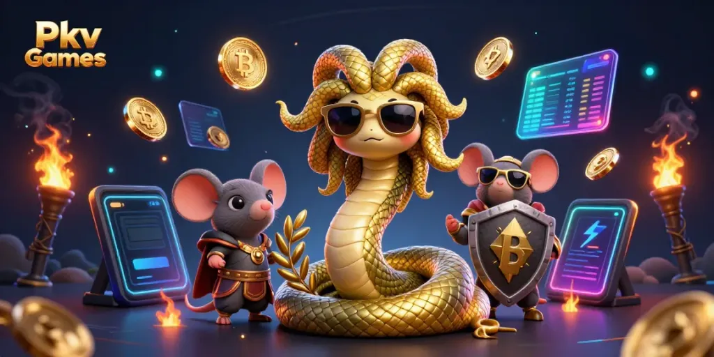 Engage in Pkv Games with a vibrant 3D illustration featuring Medusa and a warrior mouse amidst crypto elements.