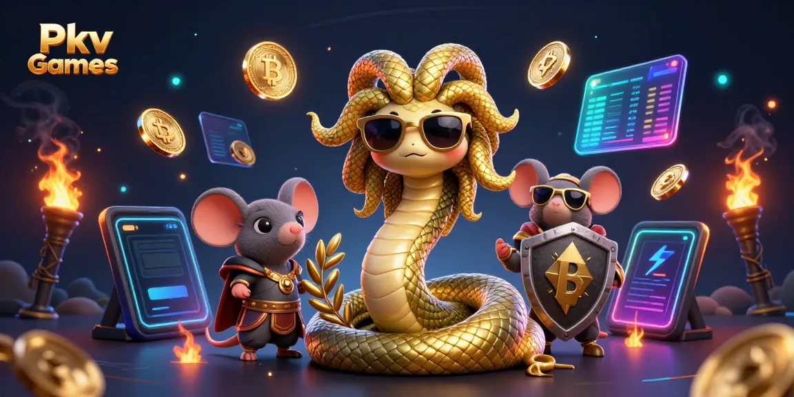 Engage in Pkv Games with a vibrant 3D illustration featuring Medusa and a warrior mouse amidst crypto elements.