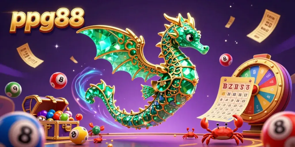 Engage with ppg88's exciting lottery scene featuring a majestic sea dragon and treasure chest amid colorful vibrant elements.
