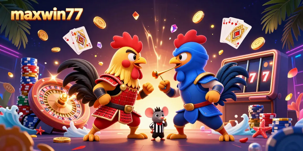 Experience maxwin77 with dynamic roosters in a vibrant casino scene featuring slot symbols and gold coins.