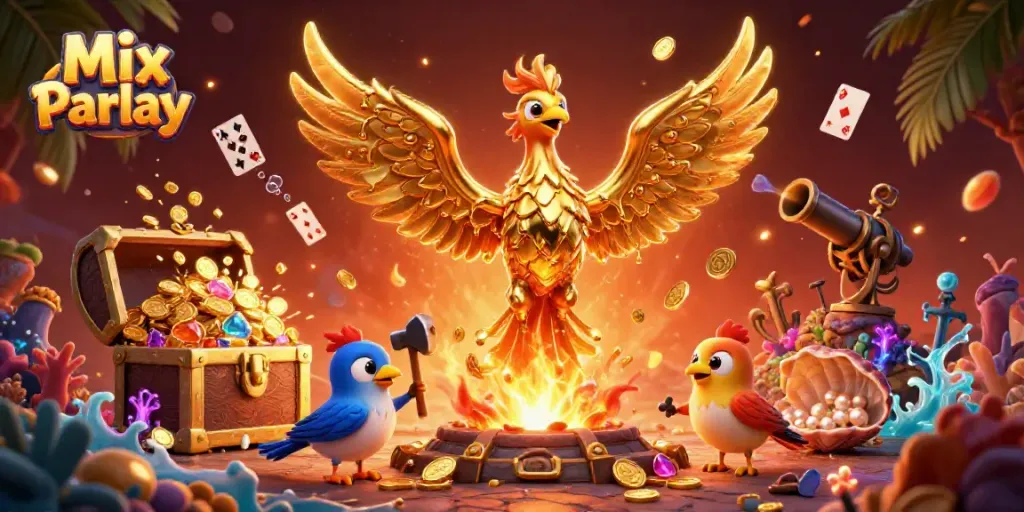 Experience exciting Mix Parlay action with a golden phoenix and rich treasures in a dynamic scene.