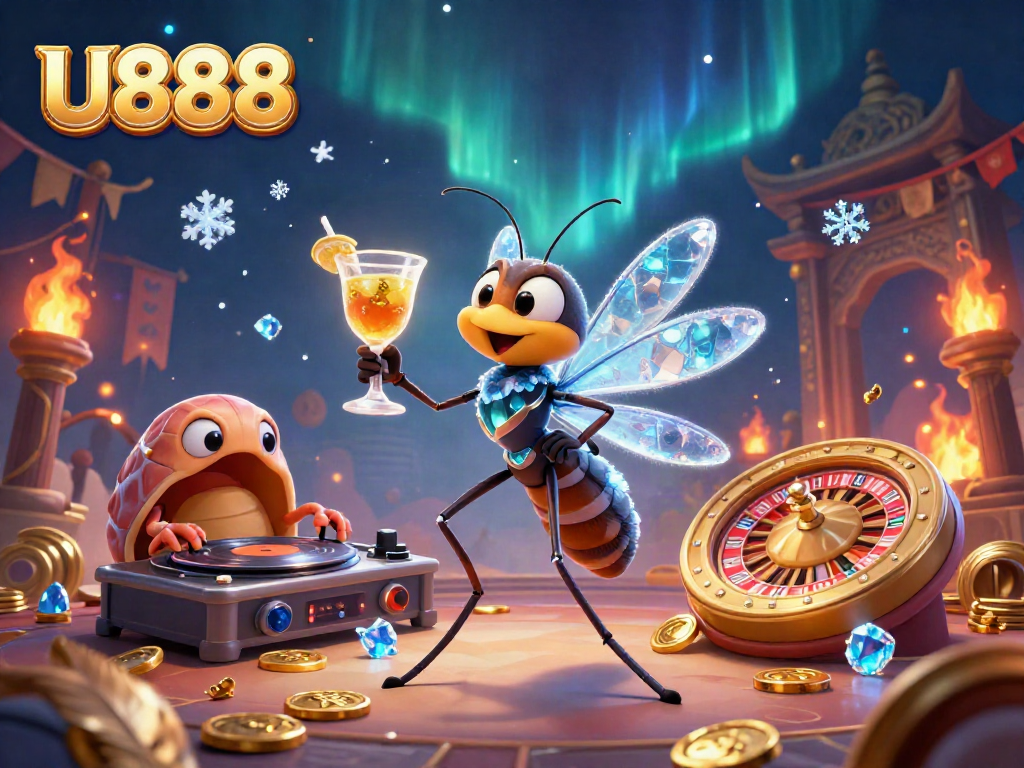 Engage in a vibrant casino experience with U888, featuring lively characters and golden elements.