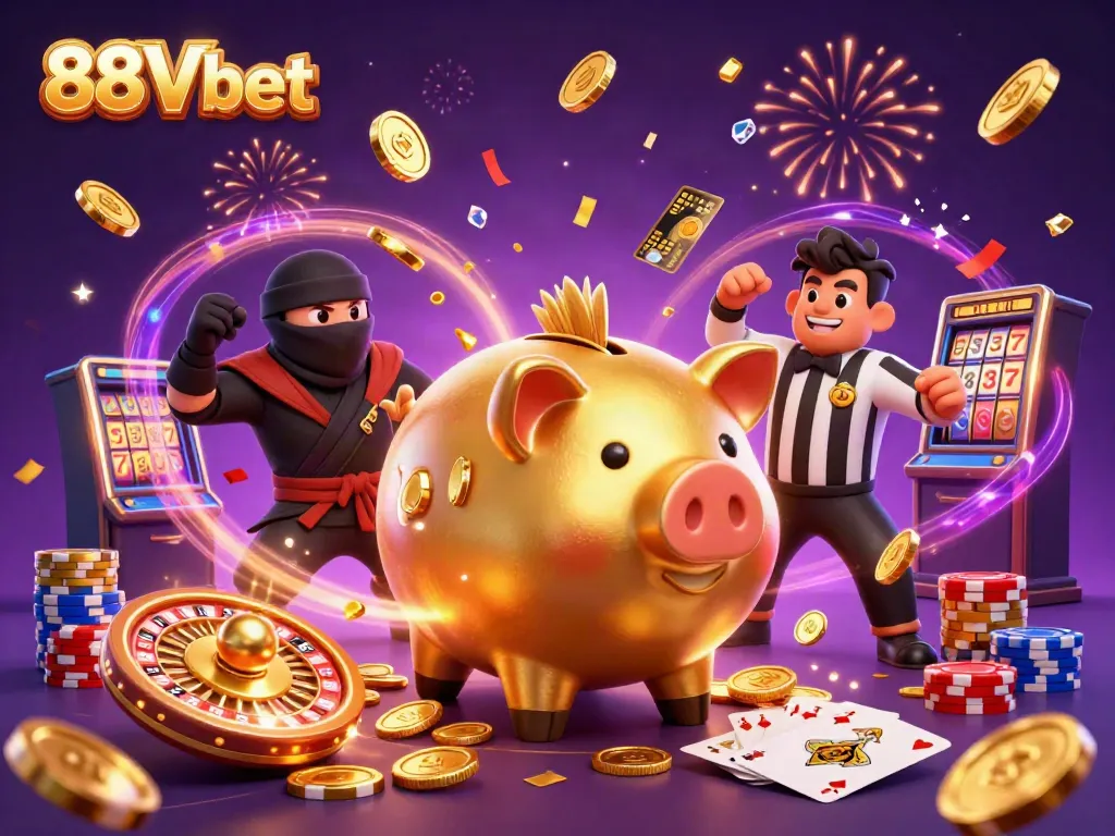Experience vibrant gambling action with 88Vbet's festive casino characters and dynamic gaming elements.