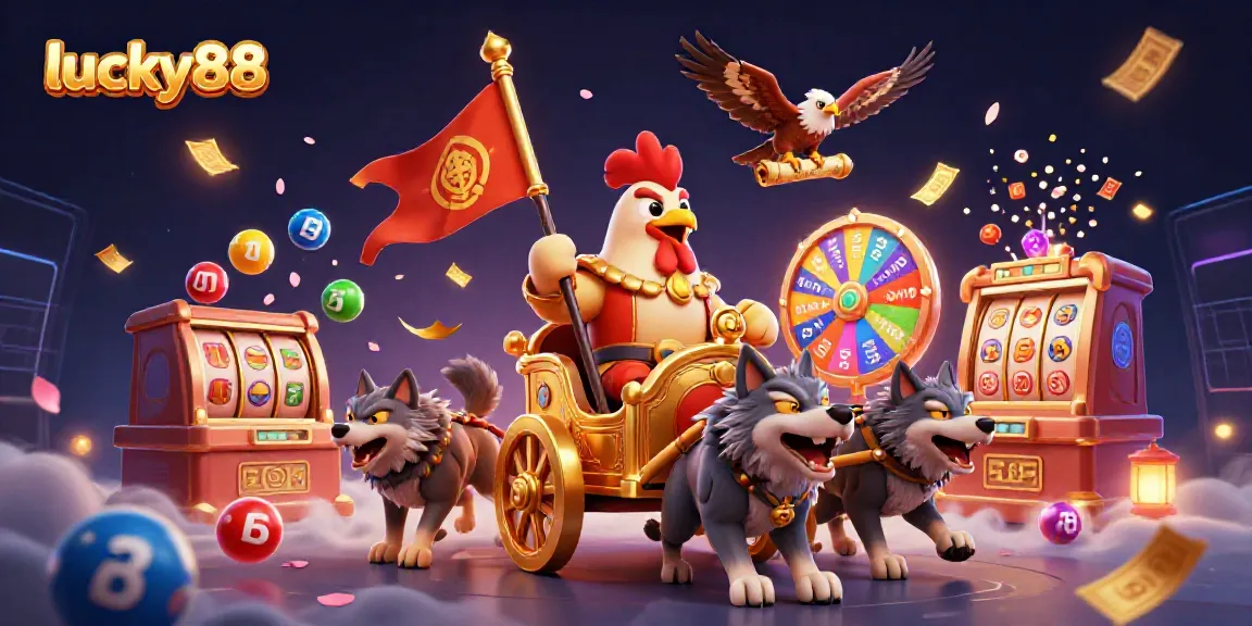 Engage with lucky88's vibrant slot world featuring a rooster warlord and dynamic casino elements.