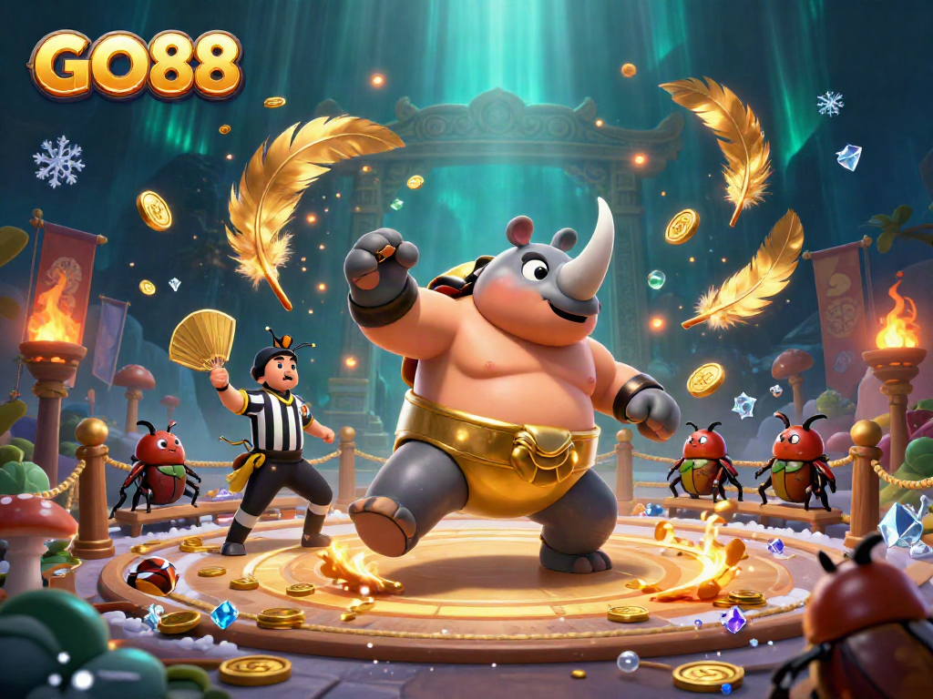 Experience thrilling action in GO88 as a rhinoceros beetle champion stomps and sends coins flying.