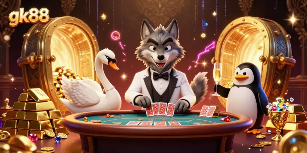 Experience exhilarating baccarat at gk88 with a wolf, swan, and penguin amidst riches and vibrant casino ambiance.