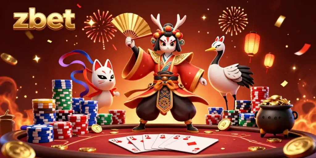 Zbet poker scene featuring a kabuki warrior and kitsune mask in an energetic atmosphere.