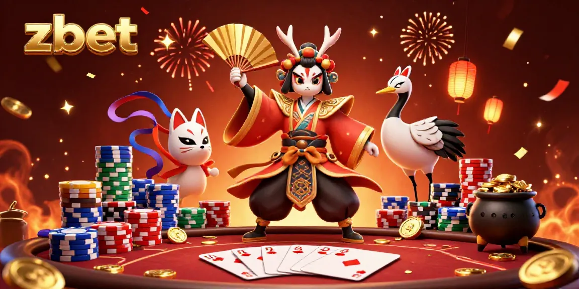 Zbet poker scene featuring a kabuki warrior and kitsune mask in an energetic atmosphere.