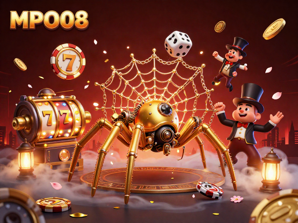 Experience the excitement with MPO08, featuring a steampunk spider, golden web, and vibrant slot elements.