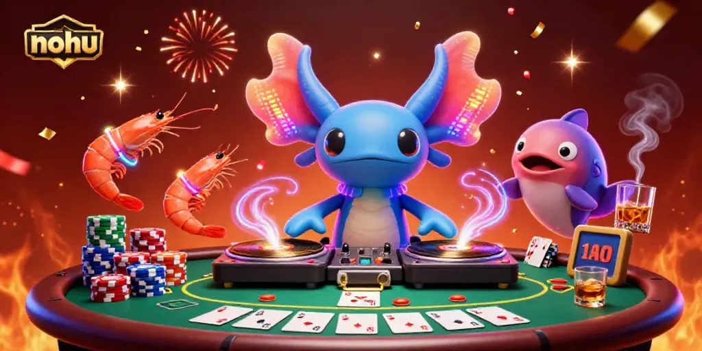 Experience the vibrant nohu casino scene with a neon axolotl DJ and colorful gaming elements.