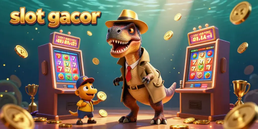 Experience thrilling gameplay at slot gacor with a velociraptor card counter at a vibrant slot machine.