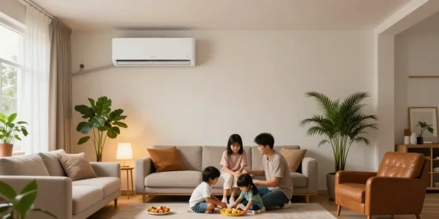 Family enjoying a movie night with a mini split AC in a cozy living room.