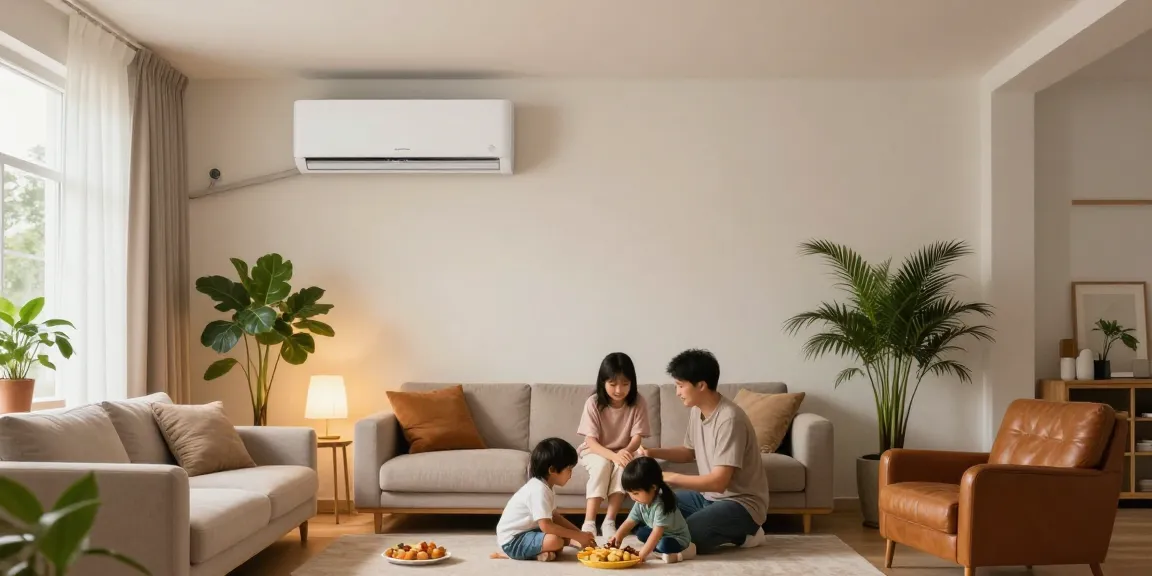 Family enjoying a movie night with a mini split AC in a cozy living room.