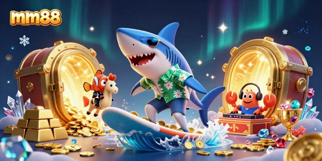 Experience the thrill of gaming at mm88 with a vibrant underwater casino scene teeming with excitement.
