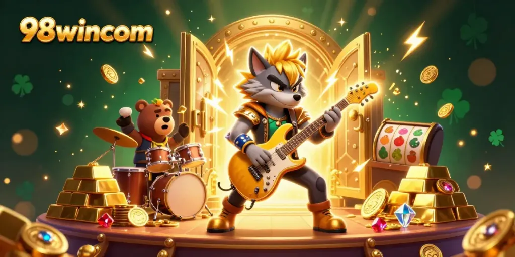 Experience thrilling gameplay with 98wincom as a cartoon wolf rocks out on stage amid treasure vaults and slot machines.