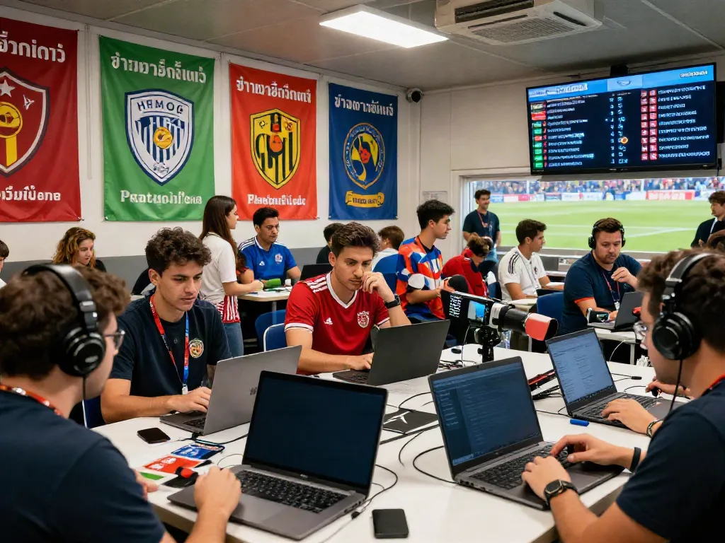 Engaged fans and journalists discussing ข่าวตลาดซื้อขายนักเตะ at a vibrant transfer center.