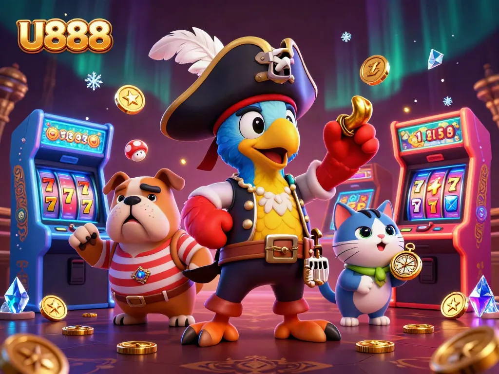 U888 gaming scene featuring a pirate captain and friends amidst colorful slot machines