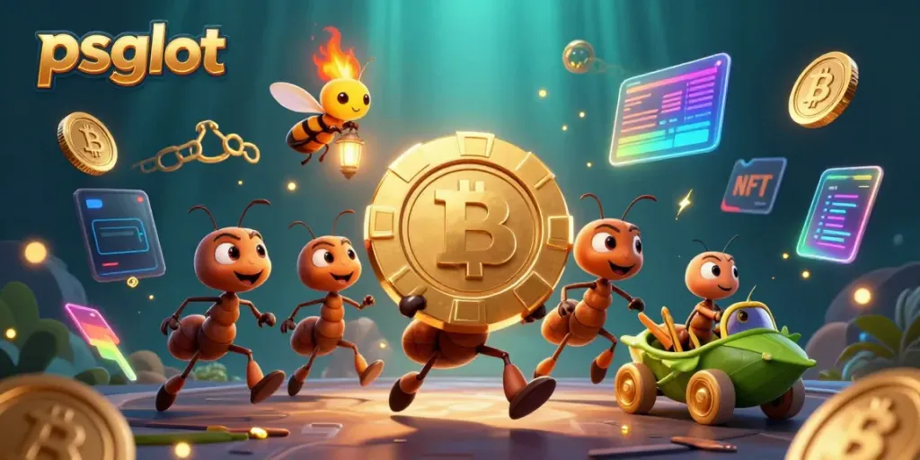 Experience thrilling gaming adventures with psgslot as cartoon ants carry a giant poker chip in this vibrant scene.