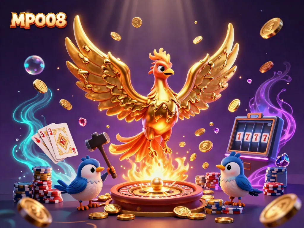 MPO08 showcases a golden phoenix emerging from a forge, surrounded by casino elements like coins and roulette.
