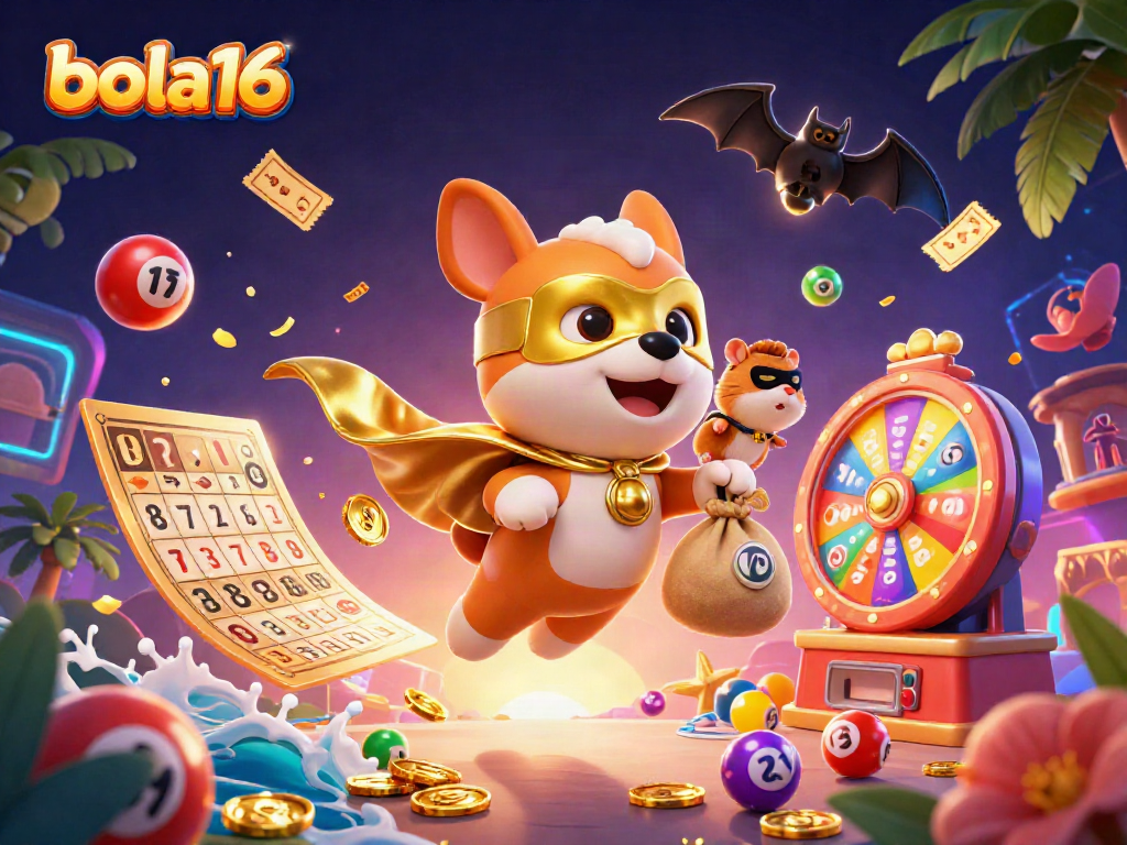 Engage in action with bola16 as the superhero dog flies with gold coins in a vibrant casino-themed illustration.