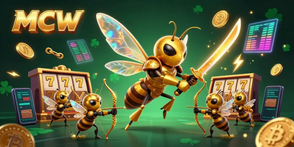 MCW players engage with dynamic online slots, surrounded by vibrant cryptocurrencies and casino elements.