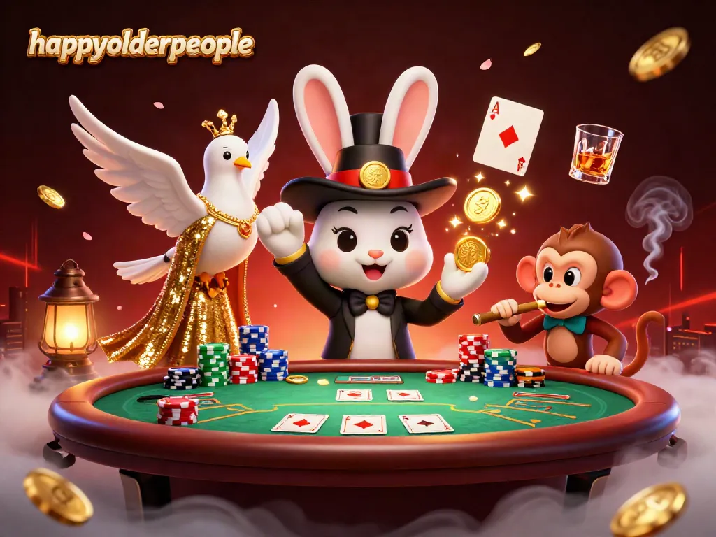 Experience the magic of happyolderpeople with a captivating 3D casino scene featuring playful characters and vibrant slot elements.