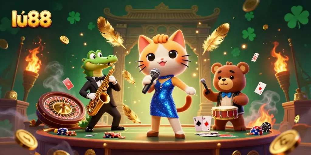 Experience the vibrant energy of lu88 with a lively 3D scene featuring a jazz-singer cat, crocodile, and bear in a casino setting.