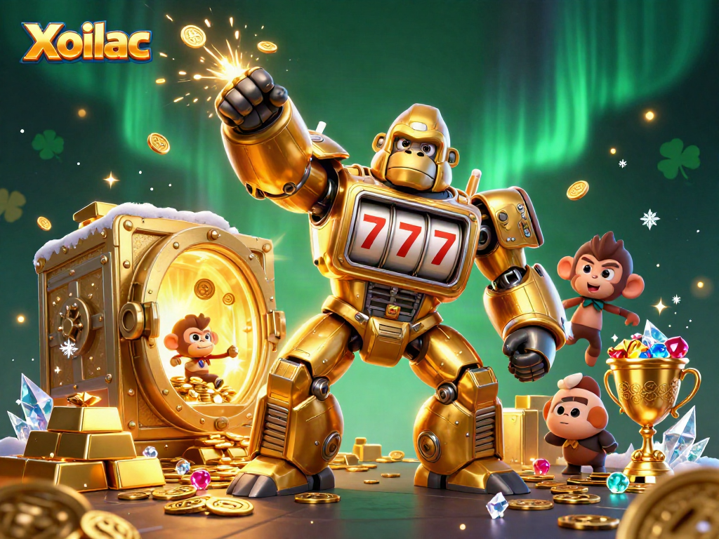 Xoilac brings thrilling slot action with a dynamic golden gorilla mech showcasing spinning reels and jewel treasures.