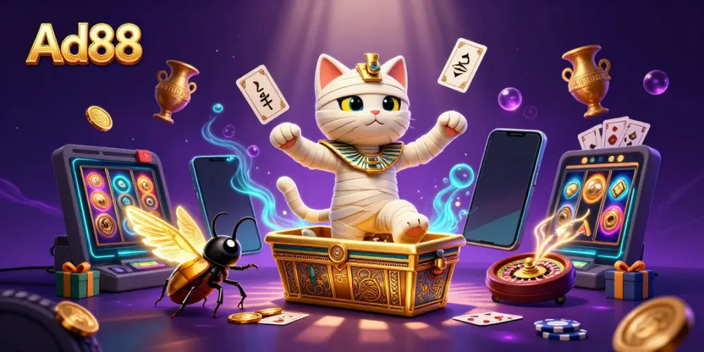 Experience the thrill of Ad88 with a vibrant 3D illustration of a mummy cat in a casino.