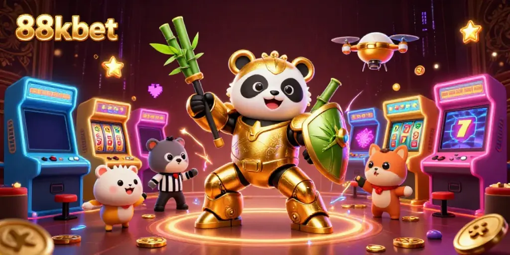 Engaging scene with 88kbet illustrated in a vibrant casino atmosphere featuring a mech-suit panda and gaming elements.