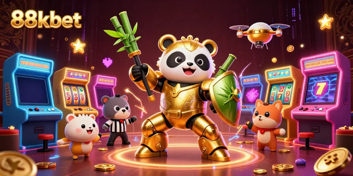 Engaging scene with 88kbet illustrated in a vibrant casino atmosphere featuring a mech-suit panda and gaming elements.