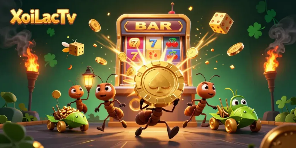 XoiLacTv showcases cartoon ants stealing a poker chip amid slots and coins for a dynamic casino scene