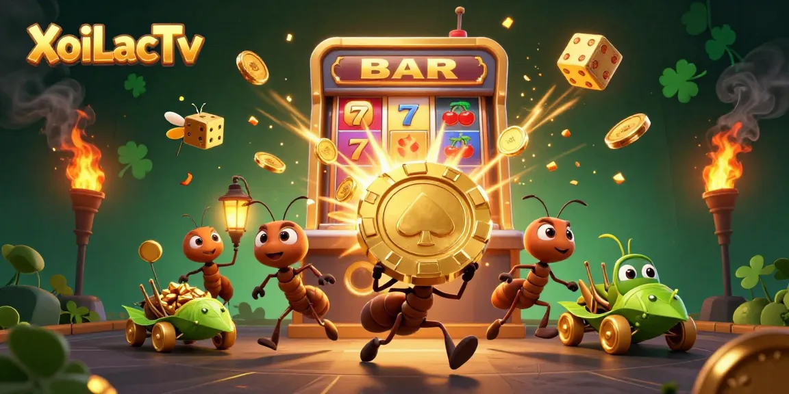 XoiLacTv showcases cartoon ants stealing a poker chip amid slots and coins for a dynamic casino scene