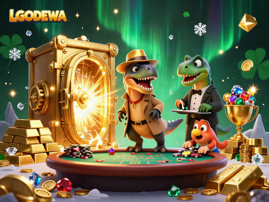 Engaging scene of a velociraptor card counter at LGODEWA's gaming table with sparkling treasures.