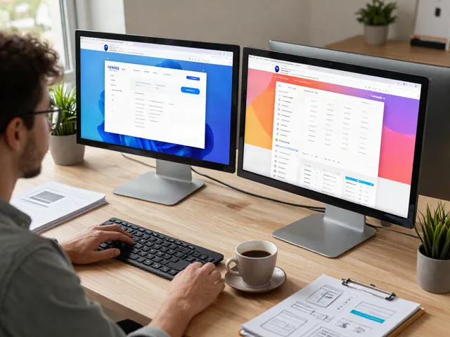Modern workspace showcasing a vibrant 사이트모음 interface with tech gadgets and natural light.
