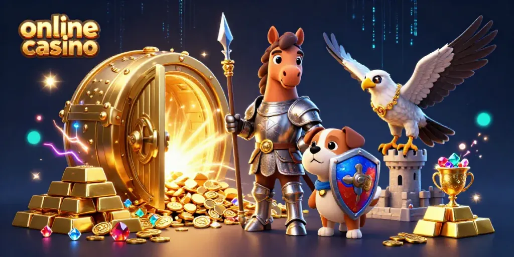 Immerse in the online casino thrill with a knight, squire, and falcon amidst treasure