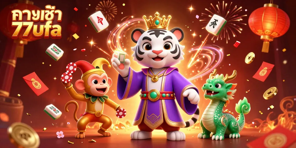 Join the excitement with ทางเข้า 77ufa, featuring a vibrant casino scene with characters and festive elements.