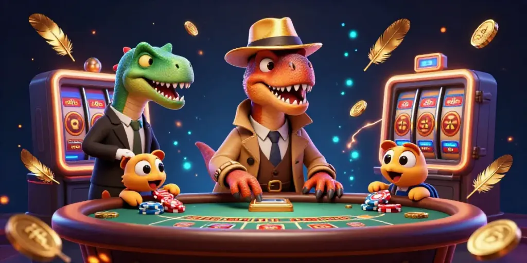 Permainan slot online di DENTOTO 17 dengan karakter 3D berwarna-warni dan elemen kasino yang mencolok.