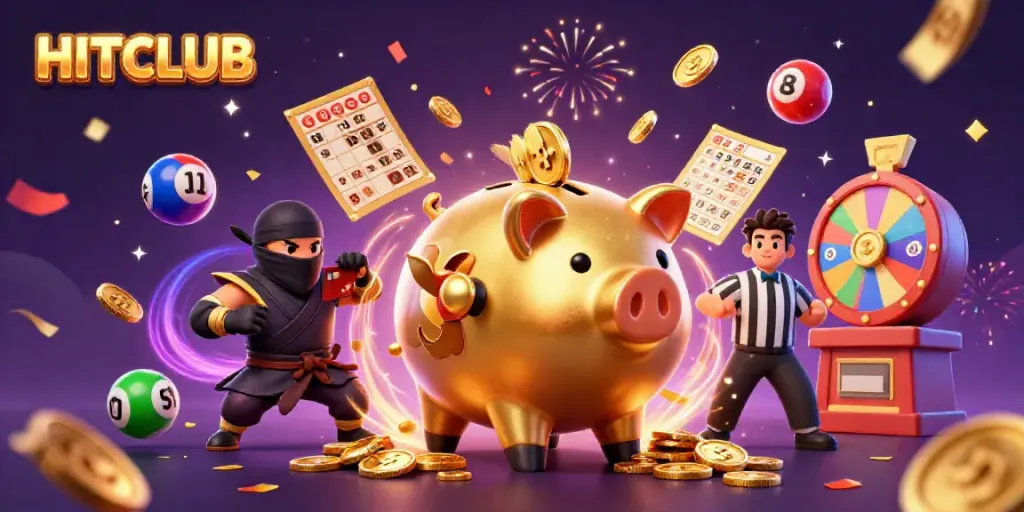 Engage with HITCLUB's vibrant lottery scene featuring dynamic characters, celebratory effects, and casino excitement.