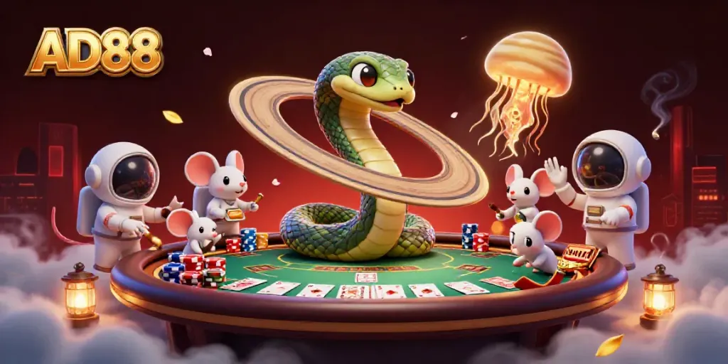 Bet on excitement with AD88 as astronaut mice engage in cosmic poker around Saturn's roulette rings.