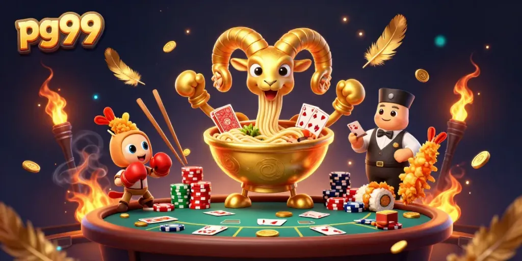 Engage with pg99's dynamic online casino action featuring a golden ramen bowl and vibrant game elements.