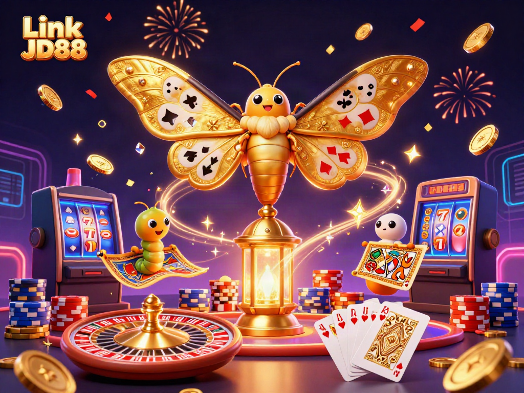 Experience thrilling moments with Link JD88, featuring 3D games, coins, and vibrant casino elements.