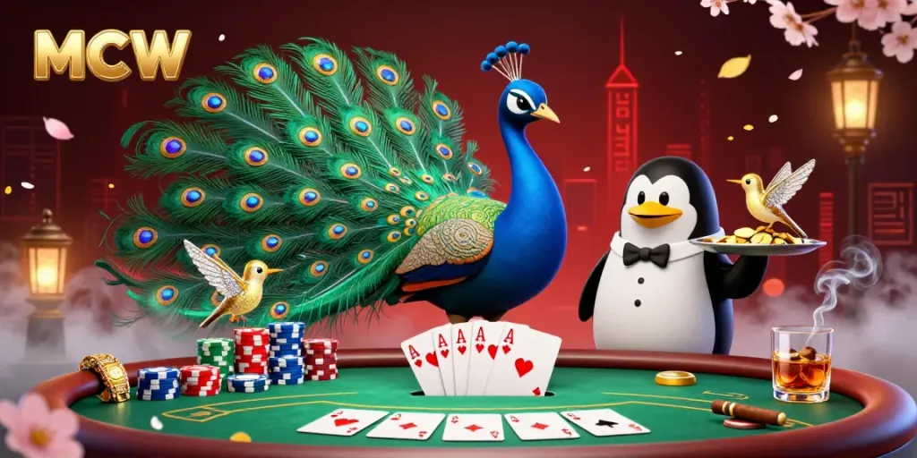 Engaging the MCW gaming experience with a lively poker scene featuring a peacock, a butler penguin, and a hummingbird.