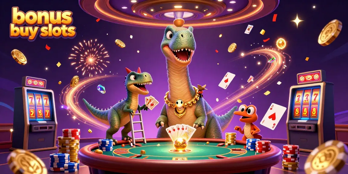 This illustration showcases engaging bonus buy slots action with a brontosaurus and raptor in a colorful casino setting.