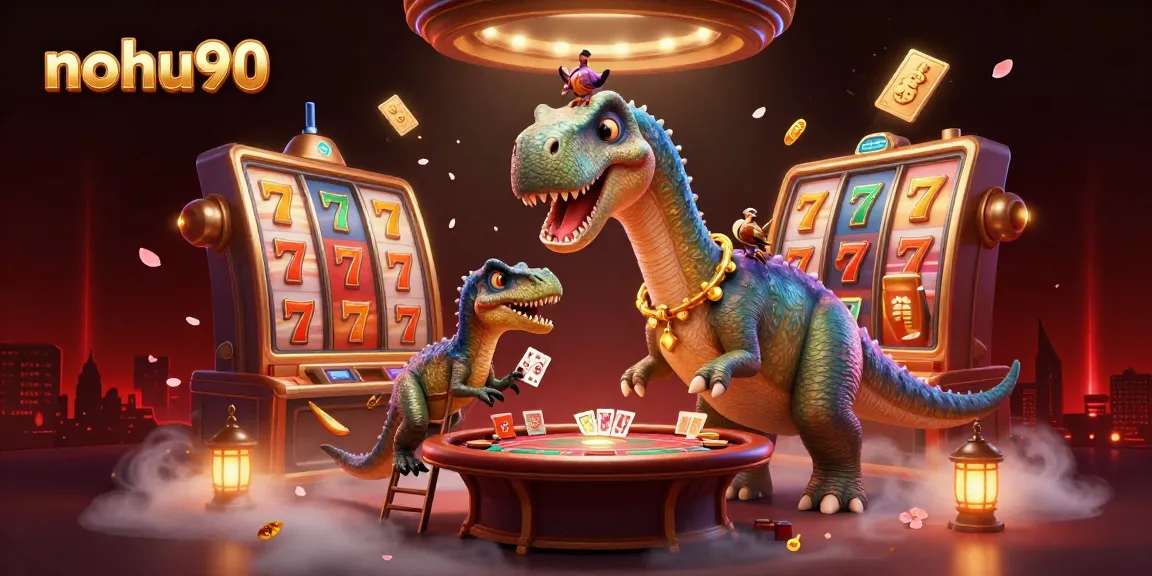 Experience the excitement of nohu90 with a giant brontosaurus and clever raptor in a vibrant casino scene.