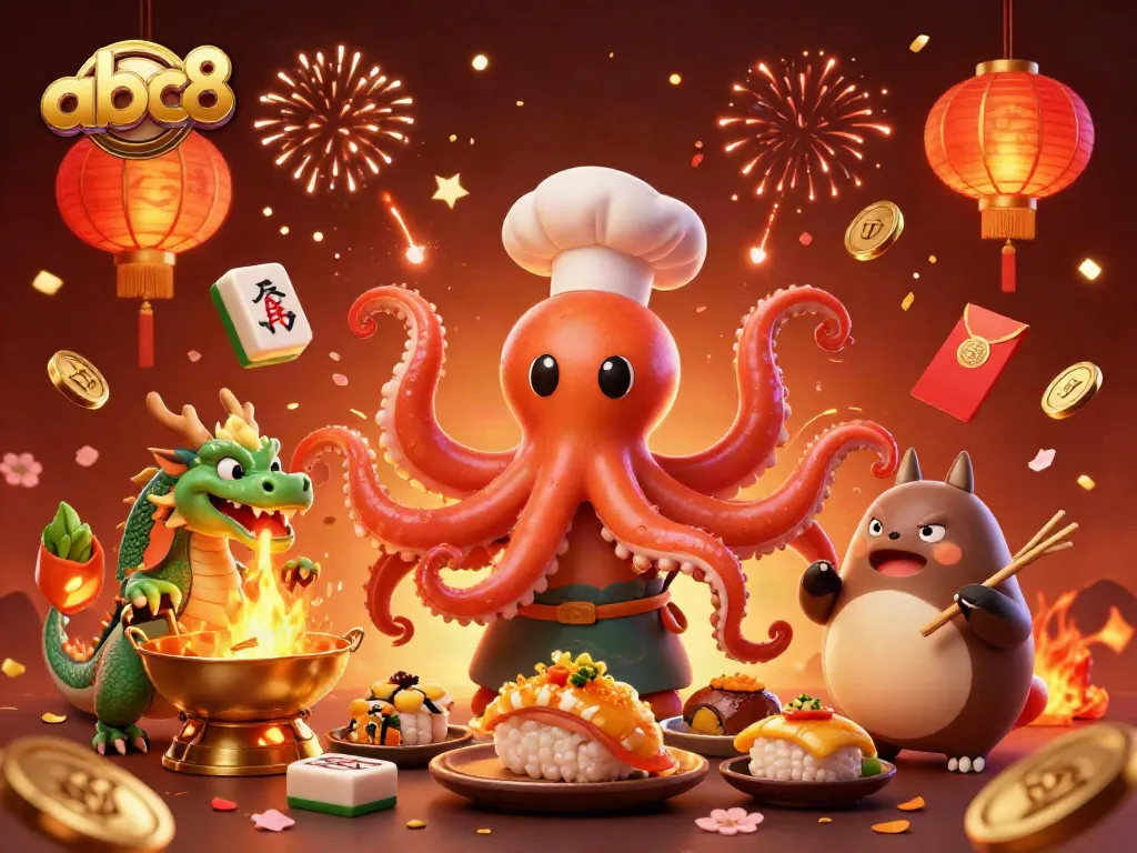 Engage with the thrilling world of ABC8's online casino through a vibrant 3D illustration featuring dynamic characters and festive elements.