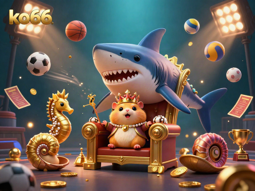 Engage with the thrilling gaming atmosphere of ko66 featuring a golden hamster king and seahorse royal guards amidst dynamic sports betting elements.