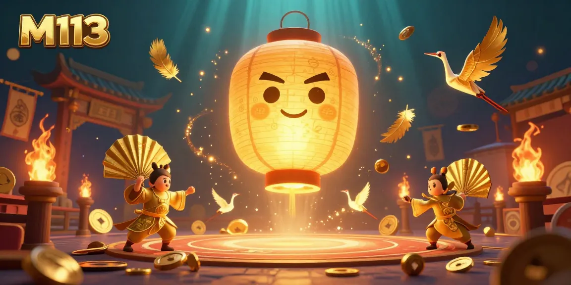 M113 carnival atmosphere features a giant golden lantern spirit above the casino with lucky symbols and paper warriors.