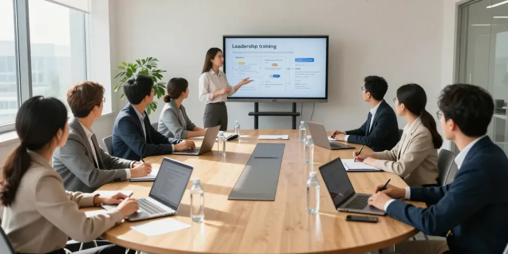 Team engaged in professional coaching Connecticut during a leadership workshop in a bright conference room.